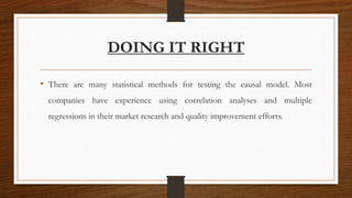 DOING IT RIGHT
• There are many statistical methods for testing the causal model. Most
companies have experience using correlation analyses and multiple
regressions in their market research and quality improvement efforts.
 