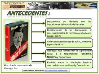 Descontento de Alemania con             las
                                                    imposiciones del tratado de Versalles

                                                    Debilitamiento de las democracias y
                                                    sistemas liberales de mercado producto de
                                                    la crisis del 29

                                                    Ambición expansionista de Italia , Alemania,
                                                    Japón y la URSS

                                                    Ideologías que fomentaban la superioridad
                                                    Racial o el Nacionalismo, Fascismo,
                                                    Nazismo y Comunismo
                                                    Rivalidad entre las ideologías Fascistas
Libro donde se encuentra la                         contra el sistema neoliberal y Comunistas
ideología Nazi
                  Autor: Antonio Aguilera Díaz http://historecursos.wordpress.com/
 