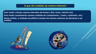 O que são medidas de mesma natureza?
Para medir o tempo usamos intervalos de tempo ( dias, horas, minutos etc)
Para medir comprimento usamos unidade de comprimento ( metro, centímetro, etc)
Nesse sentido, a unidade escolhida é sempre de mesma natureza do elemento a ser
medido.
 