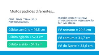 Muitos padrões diferentes...
CADA POVO TINHA SEUS
PRÓPRIOS PADRÕES
Cúbito sumério = 49,5 cm
Cúbito egípcio = 52,4 cm
Cúbito assírio = 54,9 cm
PADRÕES DIFERENTES ERAM
UTILIZADOS NUMA MESMA NAÇÃO.
EXE: INGLATERRA
Pé romano = 29,6 cm
Pé comum = 31,7 cm
Pé do Norte = 33,6 cm.
 
