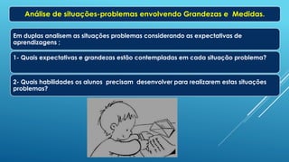 Em duplas analisem as situações problemas considerando as expectativas de
aprendizagens ;
1- Quais expectativas e grandezas estão contempladas em cada situação problema?
2- Quais habilidades os alunos precisam desenvolver para realizarem estas situações
problemas?
Análise de situações-problemas envolvendo Grandezas e Medidas.
 