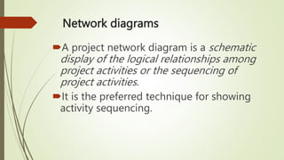 Network diagrams
A project network diagram is a schematic
display of the logical relationships among
project activities or the sequencing of
project activities.
It is the preferred technique for showing
activity sequencing.
 