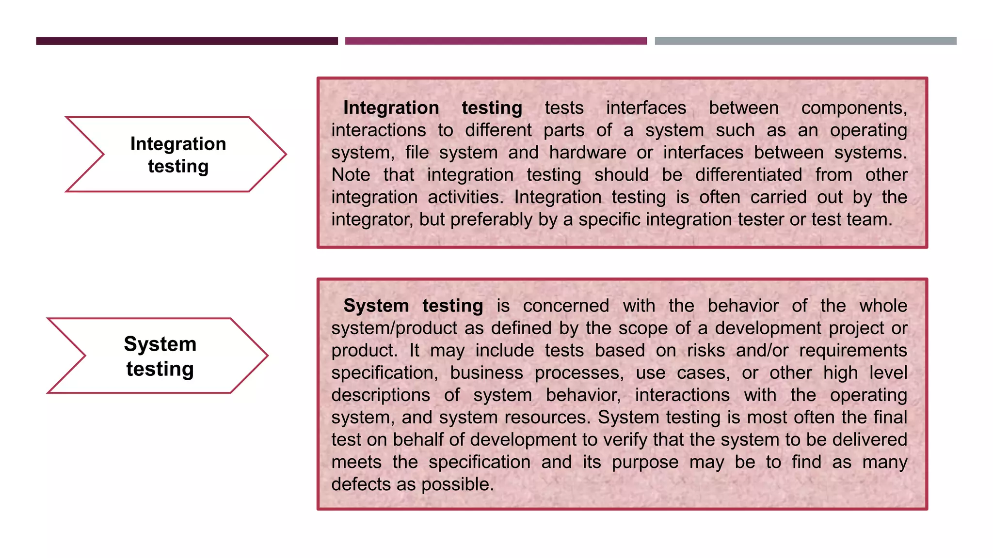 Integration
testing
Integration testing tests interfaces between components,
interactions to different parts of a system such as an operating
system, file system and hardware or interfaces between systems.
Note that integration testing should be differentiated from other
integration activities. Integration testing is often carried out by the
integrator, but preferably by a specific integration tester or test team.
System
testing
System testing is concerned with the behavior of the whole
system/product as defined by the scope of a development project or
product. It may include tests based on risks and/or requirements
specification, business processes, use cases, or other high level
descriptions of system behavior, interactions with the operating
system, and system resources. System testing is most often the final
test on behalf of development to verify that the system to be delivered
meets the specification and its purpose may be to find as many
defects as possible.
 
