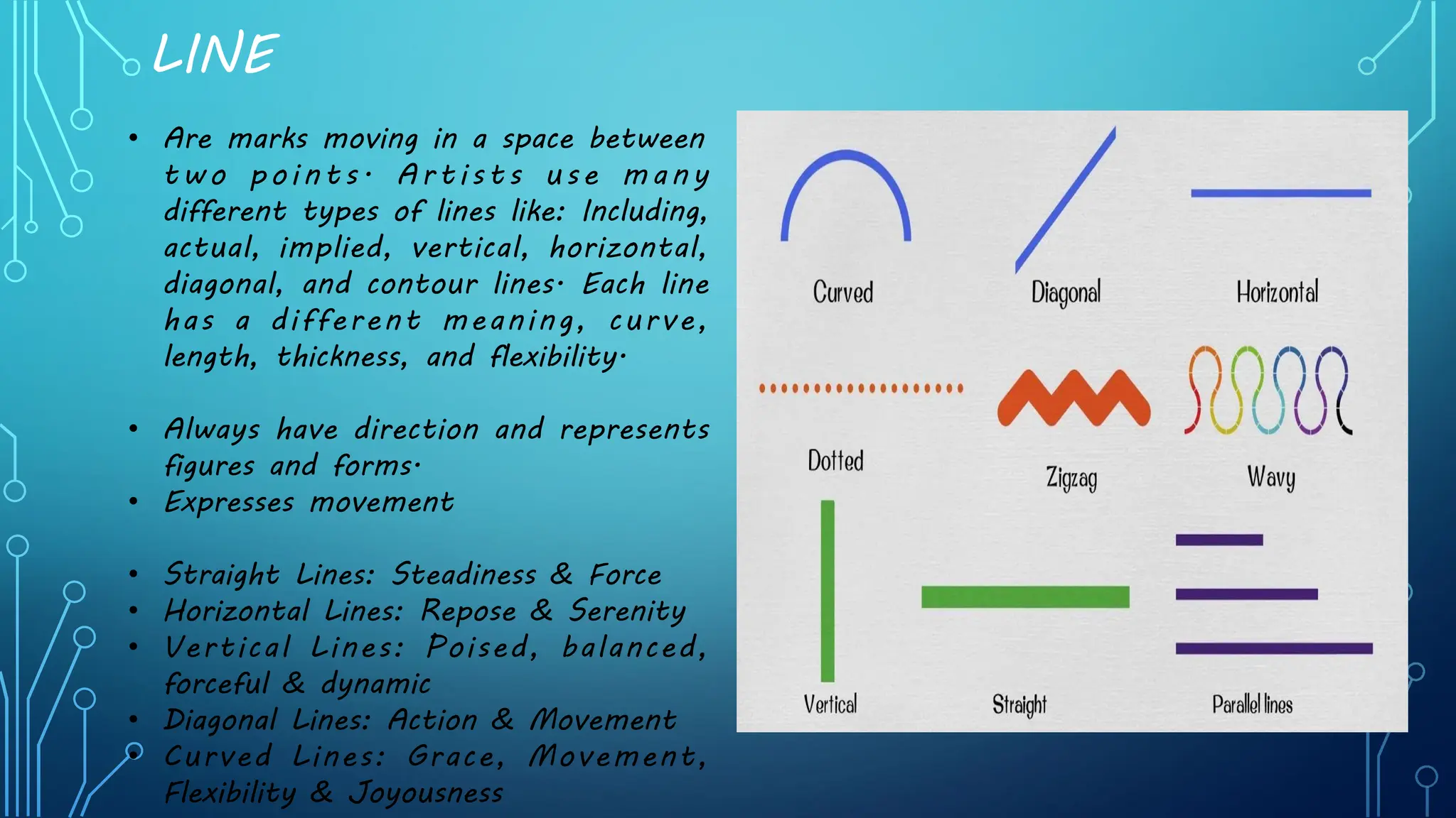 LINE
• Are marks moving in a space between
two points. Artists use many
different types of lines like: Including,
actual, implied, vertical, horizontal,
diagonal, and contour lines. Each line
has a different meaning, curve,
length, thickness, and flexibility.
• Always have direction and represents
figures and forms.
• Expresses movement
• Straight Lines: Steadiness & Force
• Horizontal Lines: Repose & Serenity
• Vertical Lines: Poised, balanced,
forceful & dynamic
• Diagonal Lines: Action & Movement
• Curved Lines: Grace, Movement,
Flexibility & Joyousness
 