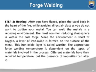 76
Forge Welding
STEP 3: Heating: After you have fluxed, place the steel back in
the heart of the fire, while avoiding dir...