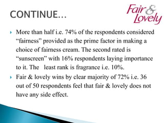  More than half i.e. 74% of the respondents considered
“fairness” provided as the prime factor in making a
choice of fairness cream. The second rated is
“sunscreen” with 16% respondents laying importance
to it. The least rank is fragrance i.e. 10%.
 Fair & lovely wins by clear majority of 72% i.e. 36
out of 50 respondents feel that fair & lovely does not
have any side effect.
 
