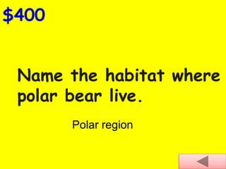 Name the habitat where
polar bear live.
$400
Polar region