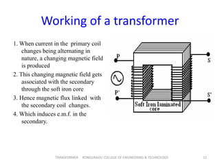 Working of a transformer
1. When current in the primary coil
changes being alternating in
nature, a changing magnetic fiel...