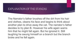 EXPLANATION OF THE STANZAS
The Narrator’s father brushes off the dirt from his hair
and clothes, cleans his face and begins to think about
another plan to drive away the cat. The narrator’s father
decides to try plan B. However his wife again warns
him that he might fall again. But he ignored it. Still
laughing he swung himself on a branch but the branch
broke and he fell again.
 