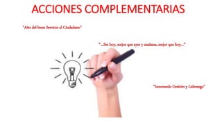 ACCIONES COMPLEMENTARIAS
“…Ser hoy, mejor que ayer y mañana, mejor que hoy…”
“Innovando Gestión y Liderazgo”
“Año del buen Servicio al Ciudadano”
 