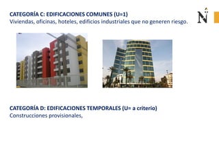 CATEGORÍA C: EDIFICACIONES COMUNES (U=1)
Viviendas, oficinas, hoteles, edificios industriales que no generen riesgo.
CATEGORÍA D: EDIFICACIONES TEMPORALES (U= a criterio)
Construcciones provisionales,
 
