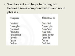 • Word accent also helps to distinguish
between some compound words and noun
phrases
 