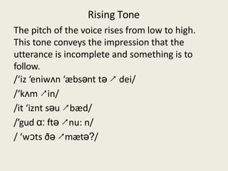 Rising Tone
The pitch of the voice rises from low to high.
This tone conveys the impression that the
utterance is incomplete and something is to
follow.
/‘iz ‘eniwʌn ‘æbsənt tə ↗ dei/
/‘kʌm ↗in/
/it ‘iznt səu ↗bæd/
/’gud ɑ: ftə ↗nu: n/
/ ‘wͻts ðə ↗mætə?/
 