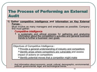 The Process of Performing an External
Audit
1) Gather
1) Gather competitive intelligence
competitive intelligence and
and information on Key External
information on Key External
Forces
Forces :
:
 Must involve as many managers and employees as possible. Company
Must involve as many managers and employees as possible. Company
first must gather:
first must gather:
• Competitive intelligence
Competitive intelligence
• a systematic and ethical process
a systematic and ethical process for
for gathering and analyzing
gathering and analyzing
information about the competition’s activities and general business
information about the competition’s activities and general business
trends to further a business’ own goals
trends to further a business’ own goals
• And information about economic, social, cultural, demographic, environmental,
And information about economic, social, cultural, demographic, environmental,
political, governmental, legal, and technological trends.
political, governmental, legal, and technological trends.
11
Objectives of Competitive Intelligence :
Provide a general understanding of industry and competitors
Identify areas where competitors are vulnerable and assess
impact of actions on competitors
Identify potential moves that a competitor might make
 