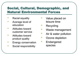 Social, Cultural, Demographic, and
Natural Environmental Forces
 Racial equality
 Average level of
education
 Attitudes toward
customer service
 Attitudes toward
product quality
 Energy conservation
 Social responsibility
 Value placed on
leisure time
 Recycling
 Waste management
 Air & water pollution
 Ozone depletion
 Endangered
species
 