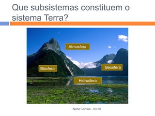 Que subsistemas constituem o
sistema Terra?


                 Atmosfera




      Biosfera                            Geosfera


                       Hidrosfera




                   Nuno Correia - 09/10
 