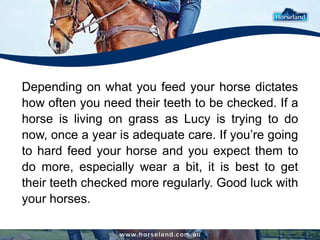 Depending on what you feed your horse dictates
how often you need their teeth to be checked. If a
horse is living on grass...
