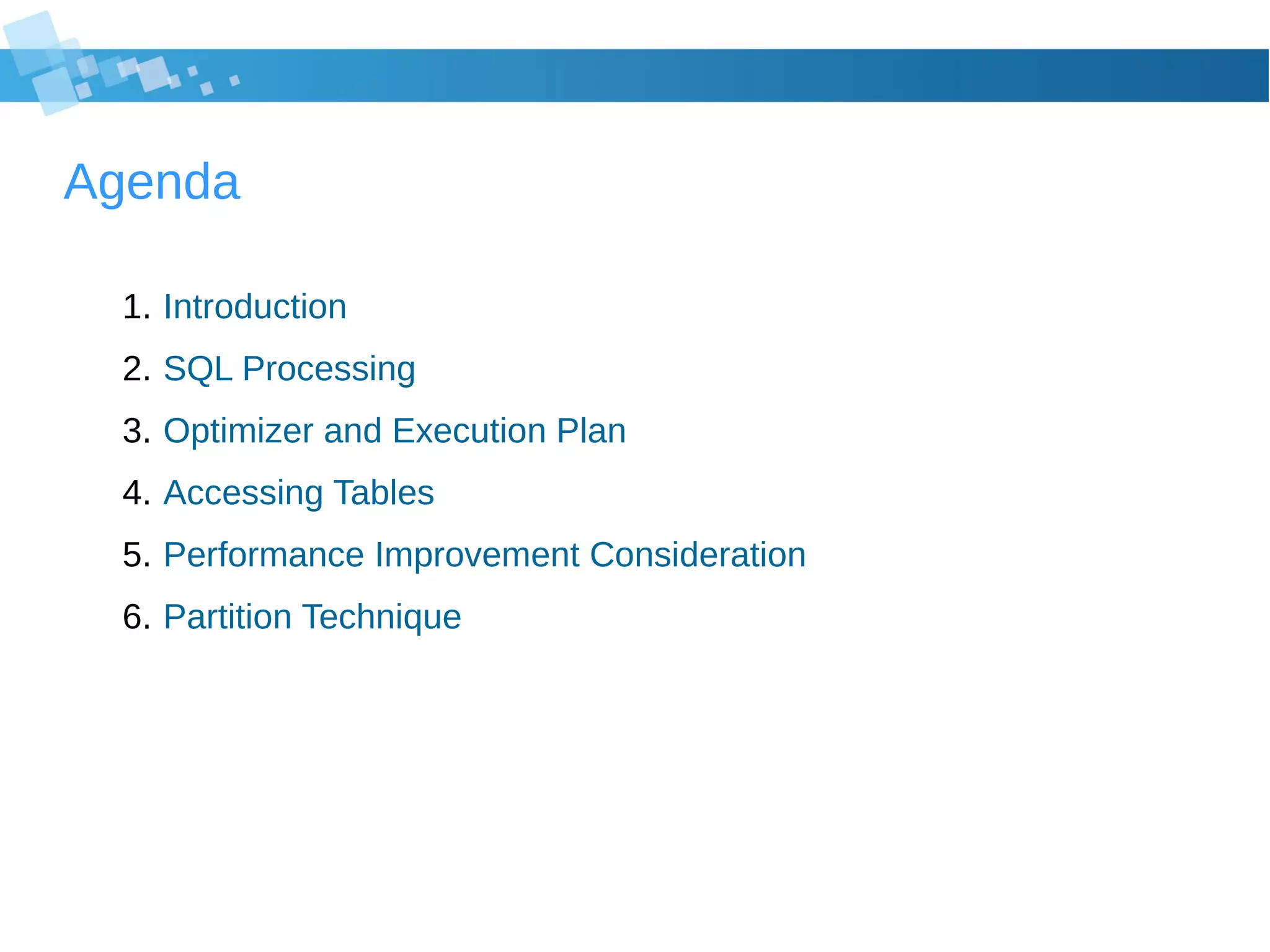 Agenda
1. Introduction
2. SQL Processing
3. Optimizer and Execution Plan
4. Accessing Tables
5. Performance Improvement Consideration
6. Partition Technique
 