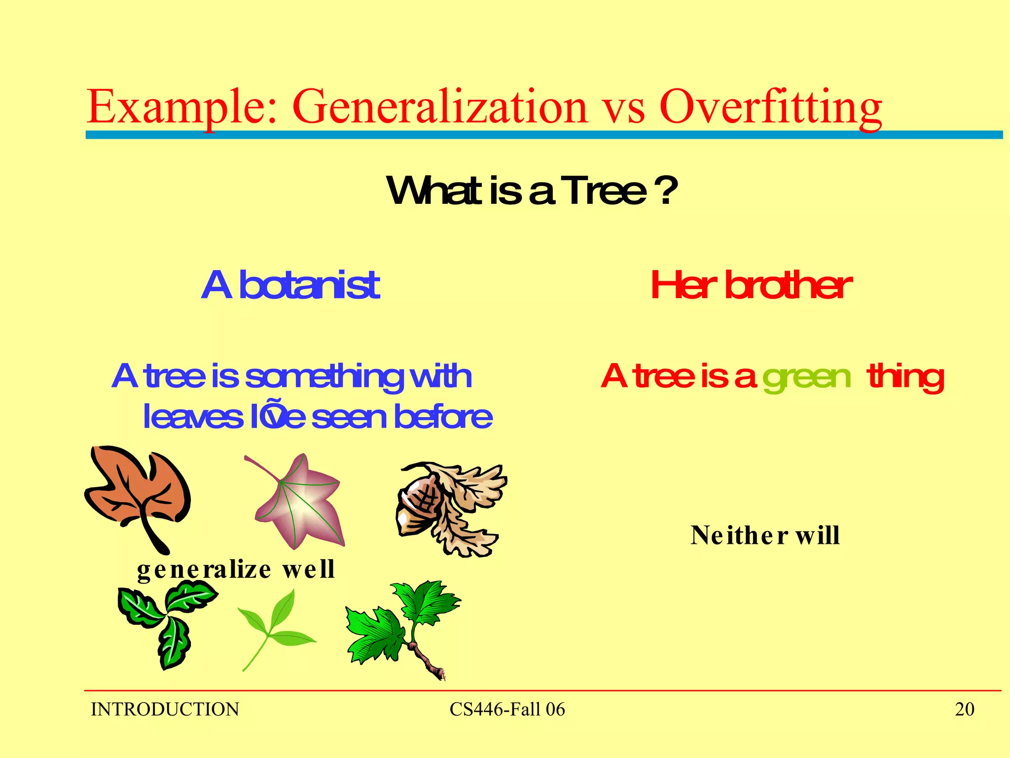Example: Generalization vs Overfitting What is a Tree ? A botanist   Her brother   A tree is something with   A tree is a  green   thing   leaves I’ve seen before   Neither will generalize well 