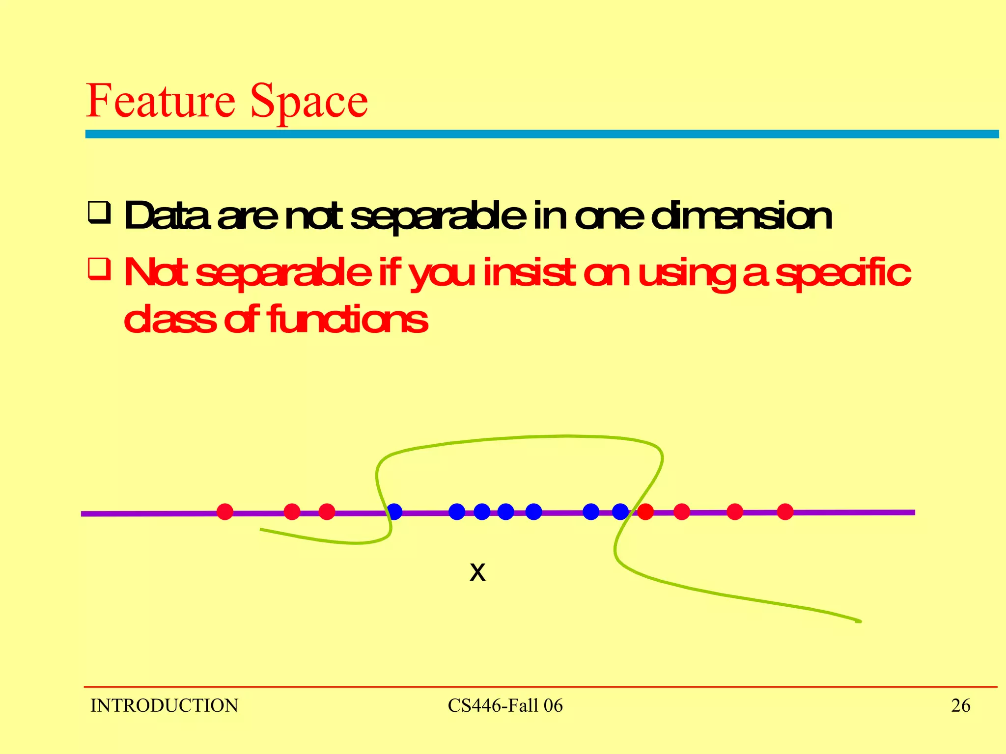 Data are not separable in one dimension Not separable if you insist on using a specific class of functions Feature Space x 