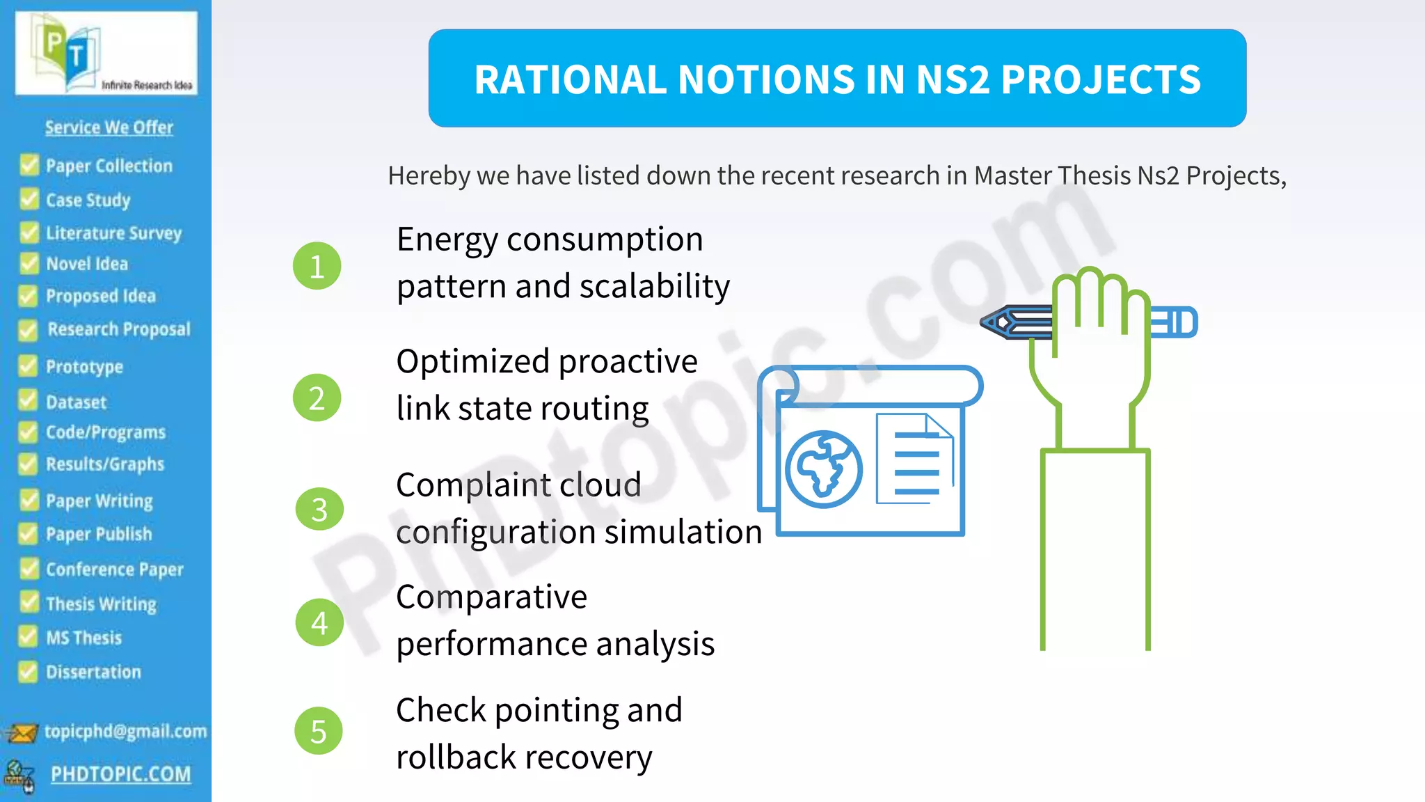 Energy consumption
pattern and scalability
Check pointing and
rollback recovery 3
Optimized proactive
link state routing
Comparative
performance analysis
Complaint cloud
configuration simulation
RATIONAL NOTIONS IN NS2 PROJECTS
Hereby we have listed down the recent research in Master Thesis Ns2 Projects,
1
5
2
4
3
 