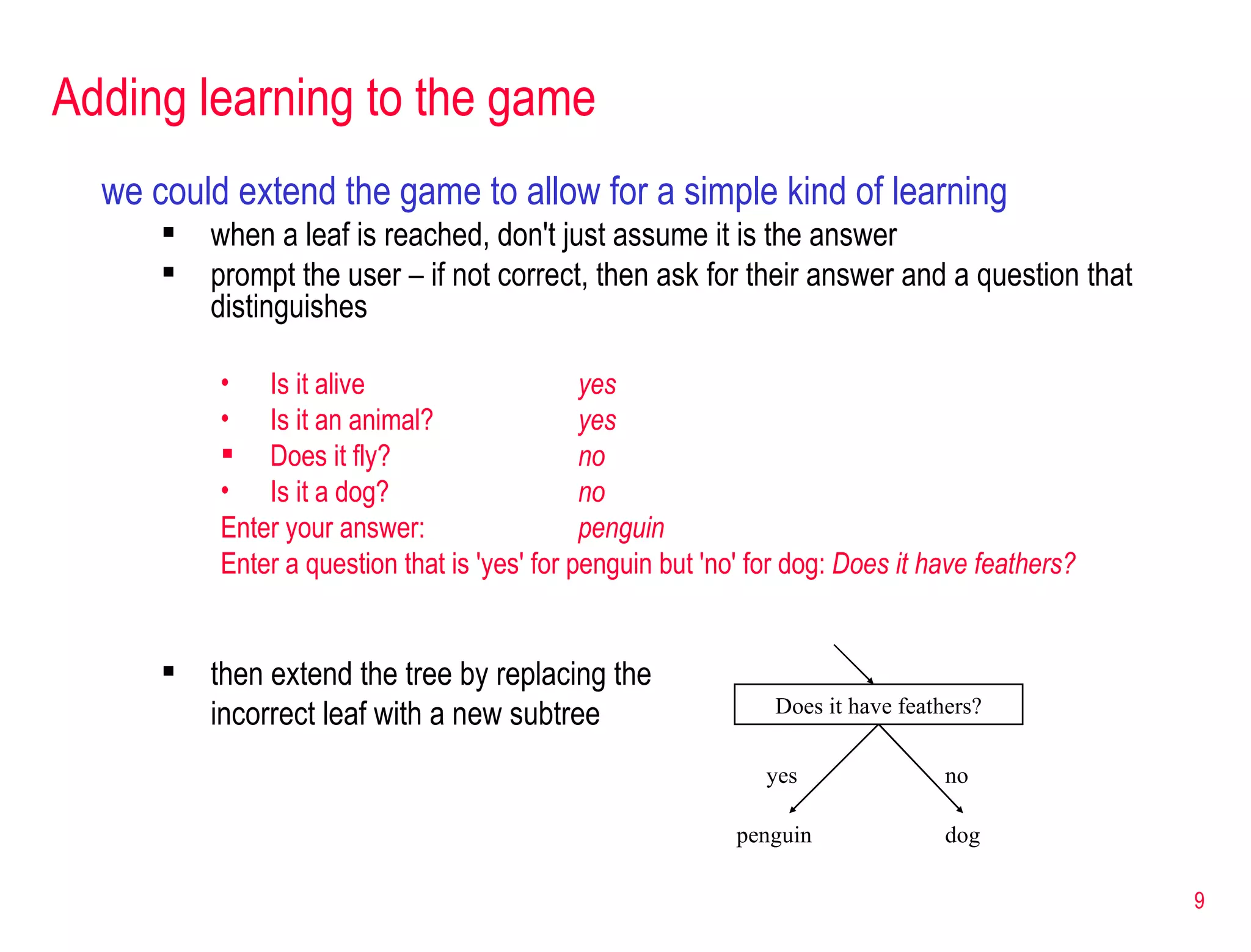 Adding learning to the game we could extend the game to allow for a simple kind of learning when a leaf is reached, don't just assume it is the answer prompt the user – if not correct, then ask for their answer and a question that distinguishes Is it alive yes Is it an animal? yes Does it fly? no Is it a dog? no Enter your answer: penguin Enter a question that is 'yes' for penguin but 'no' for dog:  Does it have feathers? then extend the tree by replacing the  incorrect leaf with a new subtree Does it have feathers? yes no penguin dog 