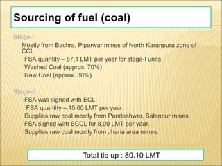Sourcing of fuel (coal)
Stage-I
Mostly from Bachra, Piparwar mines of North Karanpura zone of
CCL
FSA quantity – 57.1 LMT per year for stage-I units
Washed Coal (approx. 70%)
Raw Coal (approx. 30%)
Stage-II
FSA was signed with ECL
FSA quantity – 15.00 LMT per year.
Supplies raw coal mostly from Pandeshwar, Salanpur mines
FSA signed with BCCL for 8.00 LMT per year.
Supplies raw coal mostly from Jharia area mines.
Total tie up : 80.10 LMT
 