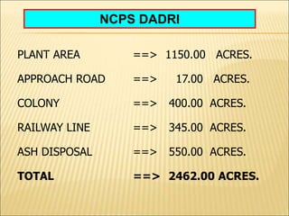 PLANT AREA ==> 1150.00 ACRES.
APPROACH ROAD ==> 17.00 ACRES.
COLONY ==> 400.00 ACRES.
RAILWAY LINE ==> 345.00 ACRES.
ASH DISPOSAL ==> 550.00 ACRES.
TOTAL ==> 2462.00 ACRES.
NCPS DADRI
 