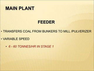 FEEDER
• TRANSFERS COAL FROM BUNKERS TO MILL /PULVERIZER
• VARIABLE SPEED
• 6 - 60 TONNES/HR IN STAGE 1
MAIN PLANT
 