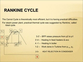 RANKINE CYCLE
The Carnot Cycle is theoretically most efficient, but it is having practical difficulties.
For steam power plant, practical thermal cycle was suggested by Rankine, called
Ideal cycle.
3-3’ – BFP raises pressure from p2 to p1
3’-4 – Heating In feed heaters & eco
4 -1 – Heating In boiler
1-2 – Work done in Turbine from p1 to p2
2-3- HEAT REJECTION IN CONDENSER
1
2
3
3’
4
T
S
T1
T2
p1
p2
 