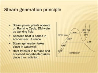 Steam generation principle
 Steam power plants operate
on Rankine Cycle, DM water
as working fluid.
 Sensible heat is added in
economiser +furnace
 Steam generation takes
place in waterwall.
 Heat transfer in furnace and
enclosed superheater takes
place thru radiation.
condenser
CEP
LPH
BFP
HPH+Eco
w/w
SH
HPT
IPT
RH
LPT
 