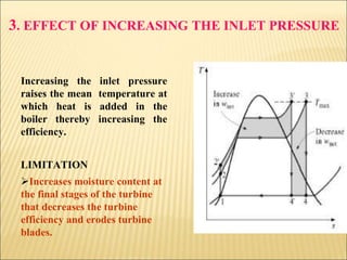 3. EFFECT OF INCREASING THE INLET PRESSURE
Increasing the inlet pressure
raises the mean temperature at
which heat is added in the
boiler thereby increasing the
efficiency.
LIMITATION
Increases moisture content at
the final stages of the turbine
that decreases the turbine
efficiency and erodes turbine
blades.
 