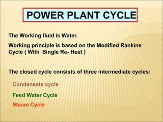 POWER PLANT CYCLE
The Working fluid is Water.
Working principle is based on the Modified Rankine
Cycle ( With Single Re- Heat )
The closed cycle consists of three intermediate cycles:
Condensate cycle
Feed Water Cycle
Steam Cycle
 