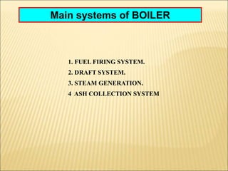 1. FUEL FIRING SYSTEM.
2. DRAFT SYSTEM.
3. STEAM GENERATION.
4 ASH COLLECTION SYSTEM
Main systems of BOILER
 