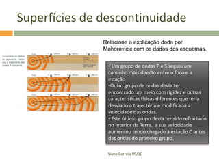 Superfícies de descontinuidade
               Relacione a explicação dada por
               Mohorovicic com os dados dos esquemas.


                • Um grupo de ondas P e S seguiu um
                caminho mais directo entre o foco e a
                estação
                •Outro grupo de ondas devia ter
                encontrado um meio com rigidez e outras
                características físicas diferentes que teria
                desviado a trajectória e modificado a
                velocidade das ondas.
                • Este último grupo devia ter sido refractado
                no interior da Terra, a sua velocidade
                aumentou tendo chegado à estação C antes
                das ondas do primeiro grupo.

                Nuno Correia 09/10
 