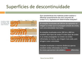 Superfícies de descontinuidade
               Que características dos materiais podem explicar o
               diferente comportamento dos dois conjuntos de
               ondas P e S, registados em determinadas estações?

               Às estações localizadas até 200 km do epicentro só
               chegam as ondas que se propagam através da crosta,
               com uma velocidade mais baixa.

               As estações localizadas entre 200 km e 800 km
               recebem dois tipos de ondas P e dois tipos de ondas
               S: as ondas propagadas na crosta e as ondas
               refractadas no manto, que chegam mais cedo, pois
               atingem maior velocidade.

               Estações localizadas a maiores distâncias apenas
               recebem ondas refractadas no manto.
               Os meios apresentam densidade e rigidez diferentes.



                Nuno Correia 09/10
 