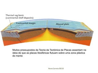 Muitos pressupostos da Teoria da Tectónica de Placas assentam na
ideia de que as placas litosféricas flutuam sobre uma zona plástica
do manto




                                Nuno Correia 09/10
 