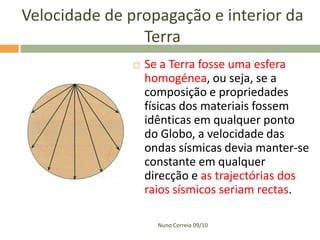 Velocidade de propagação e interior da
                Terra
                  Se a Terra fosse uma esfera
                   homogénea, ou seja, se a
                   composição e propriedades
                   físicas dos materiais fossem
                   idênticas em qualquer ponto
                   do Globo, a velocidade das
                   ondas sísmicas devia manter-se
                   constante em qualquer
                   direcção e as trajectórias dos
                   raios sísmicos seriam rectas.

                     Nuno Correia 09/10
 