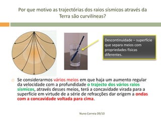 Por que motivo as trajectórias dos raios sísmicos através da
                      Terra são curvilíneas?



                                                       Descontinuidade – superfície
                                                       que separa meios com
                                                       propriedades físicas
                                                       diferentes.




   Se considerarmos vários meios em que haja um aumento regular
    da velocidade com a profundidade o trajecto dos vários raios
    sísmicos, através desses meios, terá a concavidade virada para a
    superfície em virtude de a série de refracções dar origem a ondas
    com a concavidade voltada para cima.

                                  Nuno Correia 09/10
 