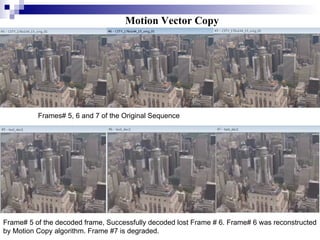 Frames# 5, 6 and 7 of the Original Sequence Frame# 5 of the decoded frame, Successfully decoded lost Frame # 6. Frame# 6 was reconstructed by Motion Copy algorithm. Frame #7 is degraded. Motion Vector Copy 