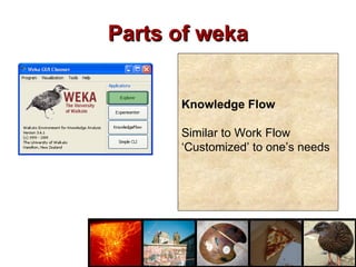 Parts of weka Explorer Basic interface to run ML  Algorithms Experimenter Comparing experiments on different algorithms Knowledge Flow Similar to Work Flow ‘ Customized’ to one’s needs 