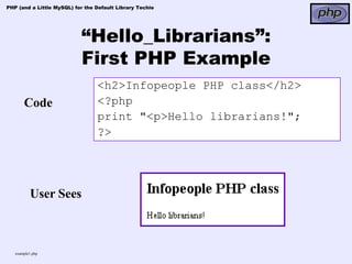 PHP (and a Little MySQL) for the Default Library Techie




                           “Hello_Librarians”:
                           First PHP Example
                                 <h2>Infopeople PHP class</h2>
       Code                      <?php
                                 print "<p>Hello librarians!";
                                 ?>




          User Sees



   example1.php
 