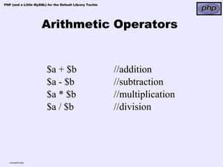 PHP (and a Little MySQL) for the Default Library Techie




                      Arithmetic Operators


                         $a + $b                          //addition
                         $a - $b                          //subtraction
                         $a * $b                          //multiplication
                         $a / $b                          //division




   example6.php
 