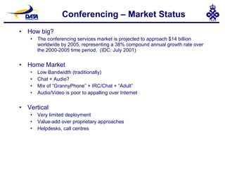 Conferencing – Market Status How big? The conferencing services market is projected to approach $14 billion worldwide by 2005, representing a 38% compound annual growth rate over the 2000-2005 time period.   (IDC: July 2001) Home Market Low Bandwidth (traditionally) Chat + Audio? Mix of “GrannyPhone” + IRC/Chat + “Adult” Audio/Video is poor to appalling over Internet Vertical Very limited deployment Value-add over proprietary approaches Helpdesks, call centres 