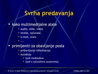 Svrha predavanja kako multimedijalne alate audio, slike, video mreže, računala e-mail, www ... primijeniti za obavljanje posla pribavljanje informacija suradnju ljudi međusobno ljudi s računalima (sustavima) 