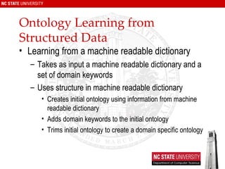 Ontology Learning from Structured Data Learning from a machine readable dictionary Takes as input a machine readable dictionary and a set of domain keywords Uses structure in machine readable dictionary Creates initial ontology using information from machine readable dictionary Adds domain keywords to the initial ontology Trims initial ontology to create a domain specific ontology 