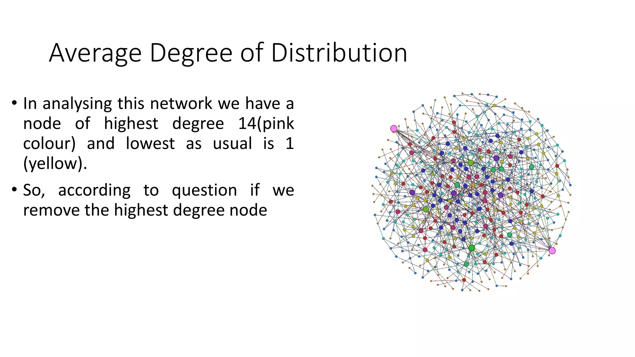 Average Degree of Distribution
• In analysing this network we have a
node of highest degree 14(pink
colour) and lowest as usual is 1
(yellow).
• So, according to question if we
remove the highest degree node
 