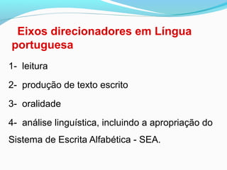 Eixos direcionadores em Língua
portuguesa
1- leitura
2- produção de texto escrito
3- oralidade
4- análise linguística, incluindo a apropriação do
Sistema de Escrita Alfabética - SEA.
 