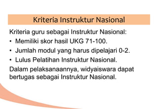 Kriteria guru sebagai Instruktur Nasional:
• Memiliki skor hasil UKG 71-100.
• Jumlah modul yang harus dipelajari 0-2.
• Lulus Pelatihan Instruktur Nasional.
Dalam pelaksanaannya, widyaiswara dapat
bertugas sebagai Instruktur Nasional.
Kriteria Instruktur Nasional
 