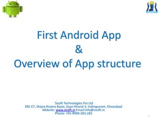 First Android App
&
Overview of App structure
1
Sisoft Technologies Pvt Ltd
SRC E7, Shipra Riviera Bazar, Gyan Khand-3, Indirapuram, Ghaziabad
Website: www.sisoft.in Email:info@sisoft.in
Phone: +91-9999-283-283
 